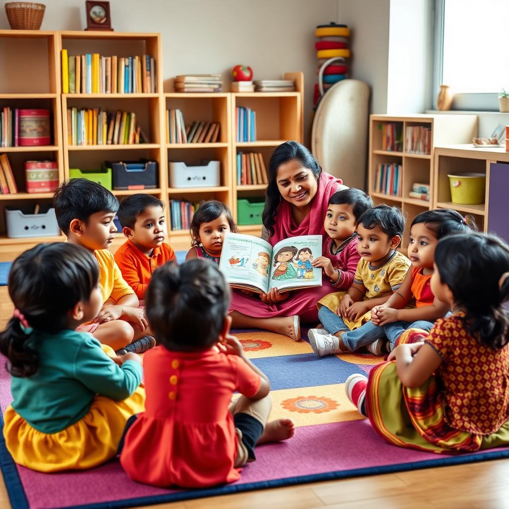 Nursery children enjoying story time with their teacher at PlayWayKids